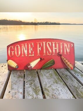 Gone Fishin' Red Wall Sign with Lure Accent